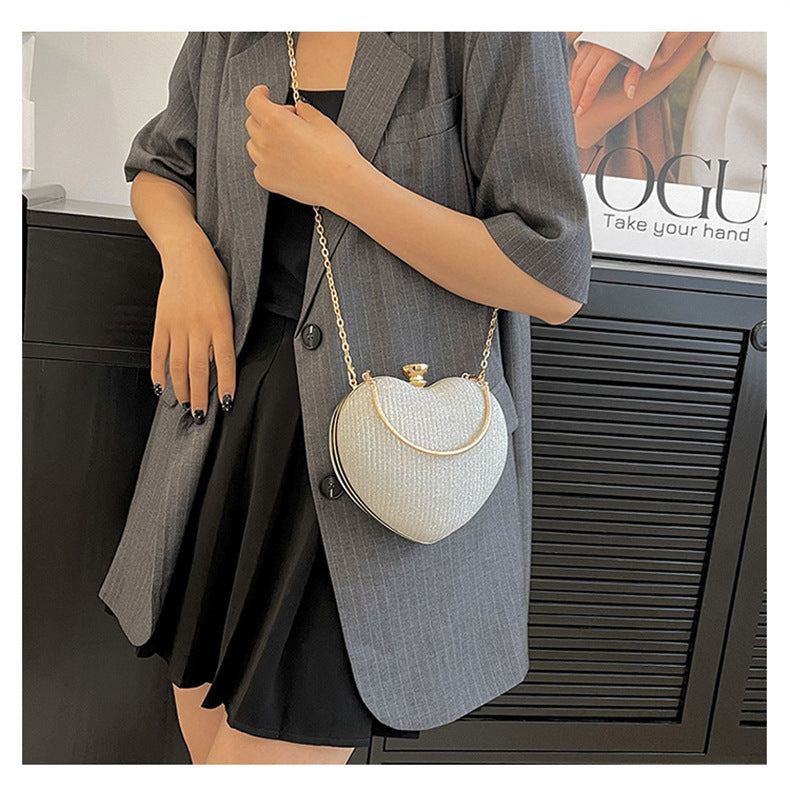 Ladies Fashion Shining Chain Crossbody Bag, Elegant Shoulder Heart Shaped, Metal Embellished, Black, with Buckle Closure, for Party, Wedding, Date
